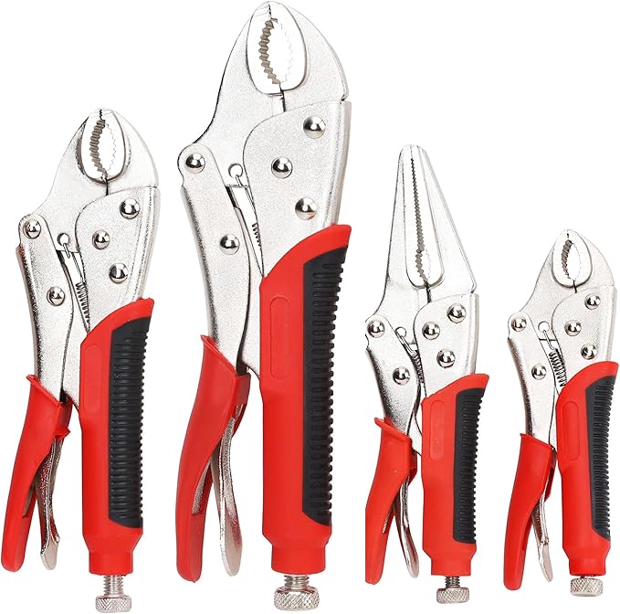 FASTPRO 4-Piece Locking Pliers Set with Heavy Duty Grip, 5", 7" and 10" Curved Jaw, 6-1/2" Long Nose Locking Pliers Included, Vise Grip Wrench Set