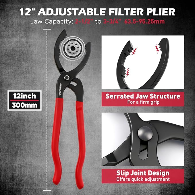 10-Piece Oil Filter Wrench Set 2-3/8"to 4-3/4", 12-Inch Adjustable Oil Filter Plier, Universal 3-Jaw Oil Filter Wrench, 1/2"Quick Release Ratchet Handle, 1/2"-3/8" Adapter, Towel in Storage Case