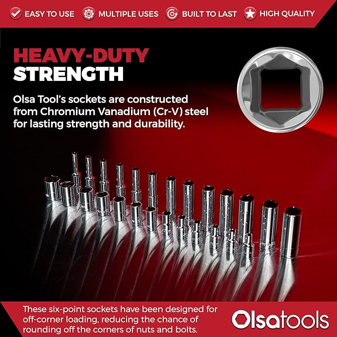 Olsa Tools Metric Shallow Socket Set - 1/4-Inch Drive, 14pc - 6-Point Chrome Sockets from 4mm–15mm and No Skipped Sizes - Mechanic Shallow Metric Socket Set - Professional Grade Sockets - Part: 1328