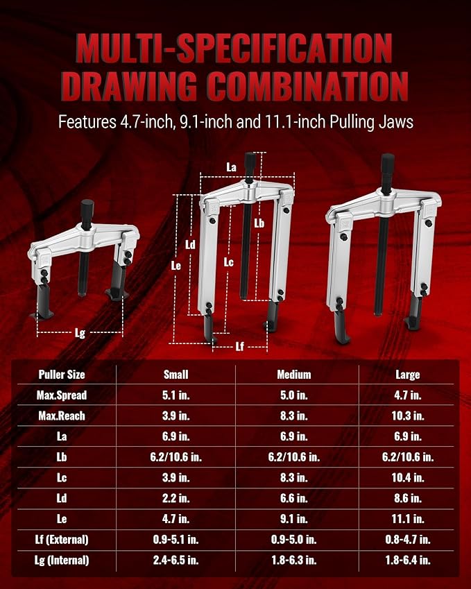 Gear Puller Set, Adjustable 2 Jaw Bearing Puller, Pulley Puller, Flywheel Puller Kit with Extendable Arms and Reversible Jaws for Removing Bearings, Gears, Pulleys and Flywheels