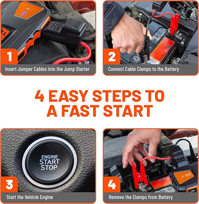 FRAM FEK40008 Car Battery Jump Starter 12000mAh (44.4Wh) Up to 5.0L Gas and 2.0L Diesel Engines, 12V Emergency Car Booster with Jumper Cables, Portable Power Bank and LED Flashlight