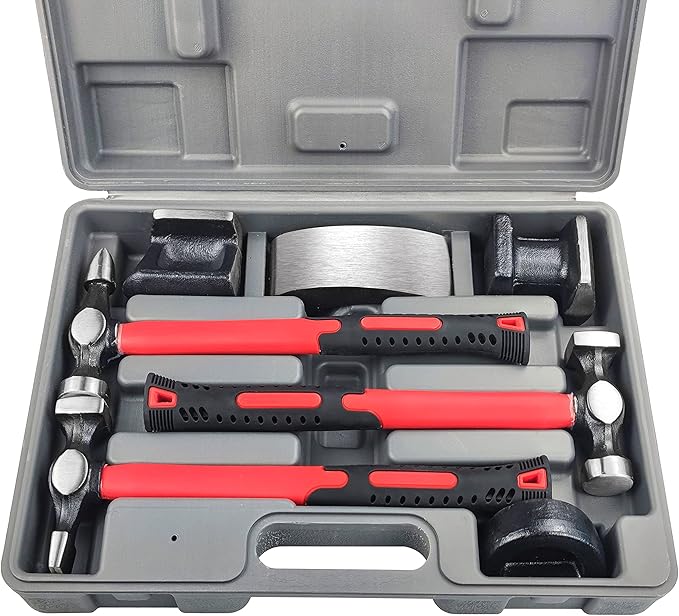 C&T Auto Body Repair Tool Hammer Dolly Set 7 Piece, Car Body Repair Tool Kit with Carrying Case, Carbon Steel Dolly and Hammer Dent Body Fender Tool Set