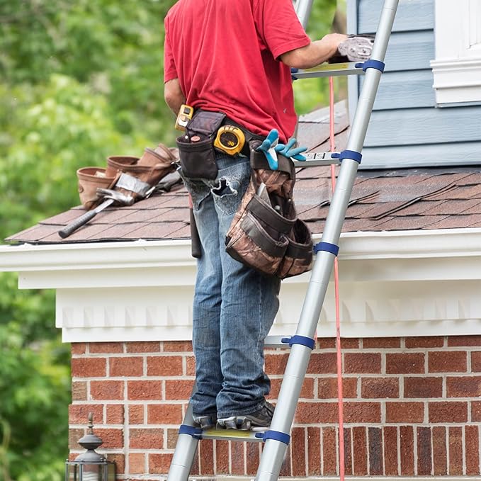 12.5FT Aluminum Extension Ladder, Telescoping Ladder w/Triangle Stabilizers and Non-Slip Feet, 330lbs Capacity Lightweight Retractable Ladder for Work, RV and Outdoor Blue