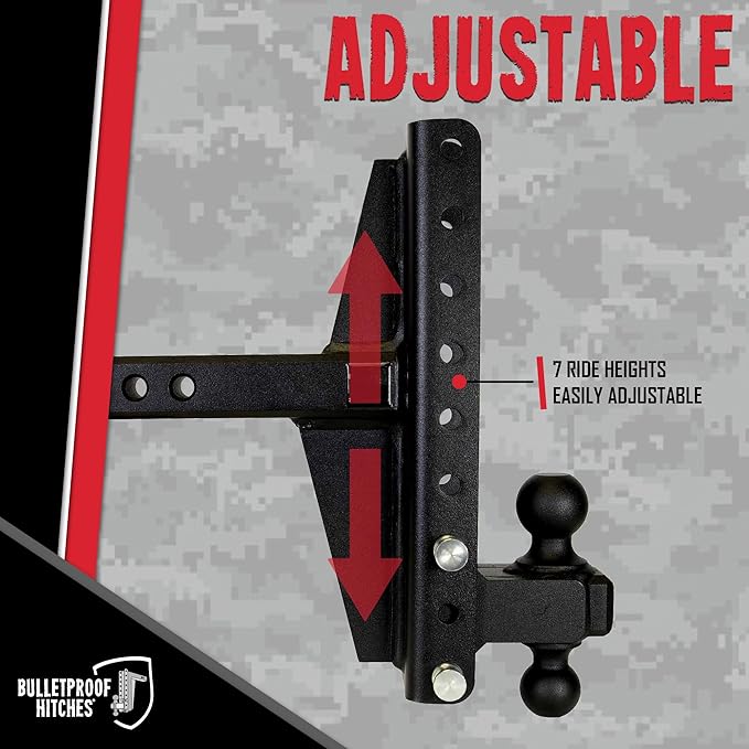BulletProof Hitches - 2.0" Adjustable Extreme Duty Trailer Hitch (30,000 lb. Rating) - Offset 4" & 6" Drop/Rise with 2" and 2 5/16" Dual Ball - Powder Coat, Solid Steel, Corrosion-Resistant