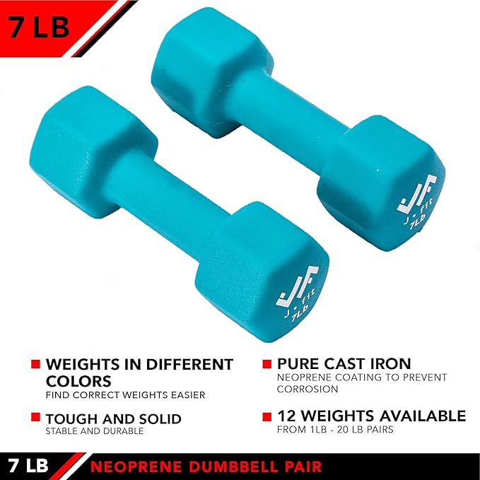 JFIT Dumbbell Pairs or Sets – Neoprene & Vinyl Coated Hand Weights for Home Gym, Strength Training, Aerobics, Cardio Exercise and Fitness