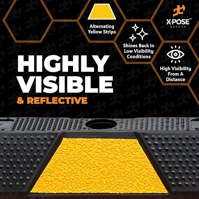 Xpose Safety 48" Heavy Duty Rubber Parking Stopper – Bulk Half Pallet 24 Pack Wheel Blocks for Garage, Driveway, or Ramp – Car Bumper Stop with Yellow Reflective Strips – Removable Floor Mount