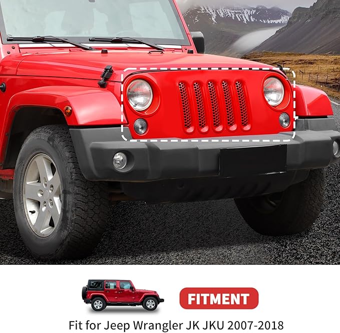Mesh Grille Grill Insert+Headlight Turn Light Cover Trim Fit for 2007-2018 Jeep Wrangler JK JKU(Red)