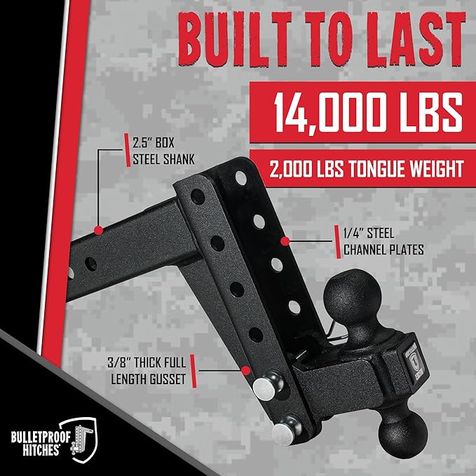 BulletProof Hitches - 2.5" Adjustable Medium Duty Trailer Hitch (14,000 lb. Rating) - 6" Drop/Rise Trailer Hitch with 2" & 2-5/16" Dual Ball - Powder Coat, Box Steel, Corrosion-Resistant