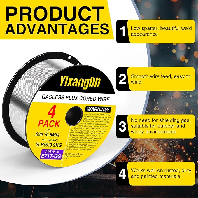 4-Pack 0.030" Flux Core Welding Wire, E71T-GS Low Splatter Gasless Mild Carbon Steel Mig Welding Wire, Compatible With Most Welder, 2-Pound Each