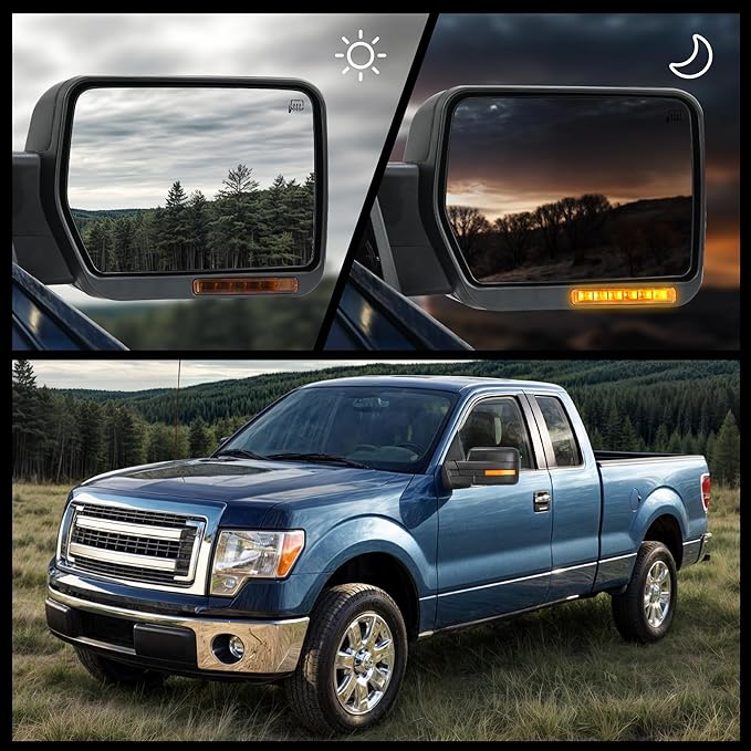 DWVO Towing Mirror Compatible with 2004-2014 Ford F150 Manual Folding Power Control Heated Rear LED Turn Signal Puddle Light Side Mirror Black