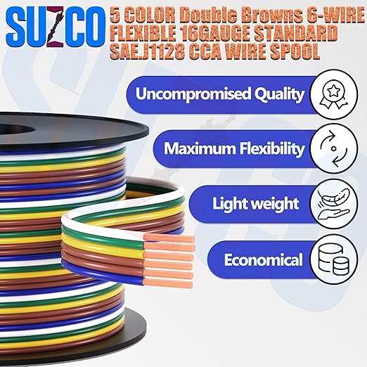SUZCO 100Ft Enough 16AWG CCA【2-Brown-Wires】 5 Color-Coded 5-Way 6-Wire Bonded Trailer RV Camper Towing Hitch Wiriing Spool, 6-Flat Wishbone SAE J1128 for All Basic Wire Trailers