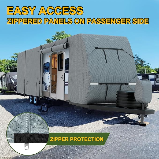 Mofeez Travel Trailer RV Cover, Extra-Thick Upgraded 7 Layers for Camper Cover 16'-18' Windproof Waterproof Rip-Stop RV Covers with Adhesive Repair Patches, 2Pcs Extra Straps & 4 Tire Covers