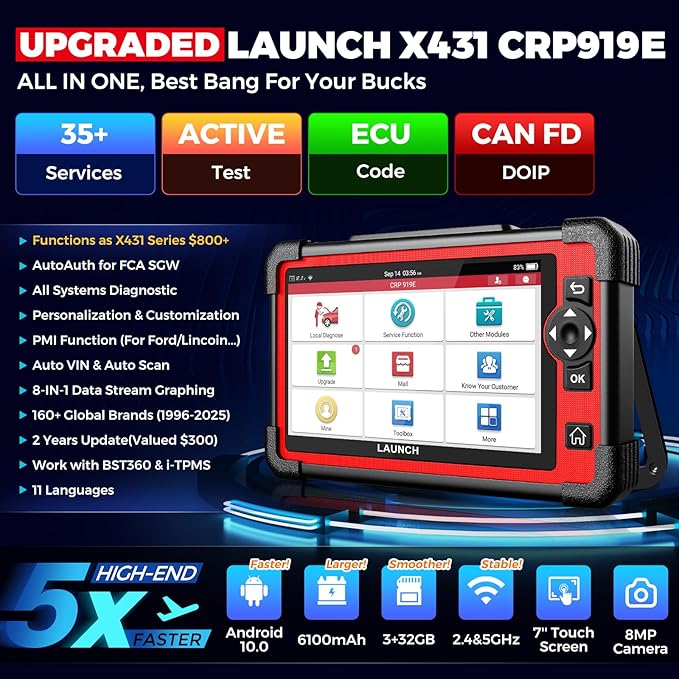 LAUNCH X431 CRP919E OBD2 Scanner, 2025 Bidirectional Scan Tool as CRP919EBT, CANFD/DoIP/FCA SGW, ECU Code, 35+ Service, Active Tests, All-in-One Full System Diagnosis, BST360 & i-TPMS, 2 Year Update