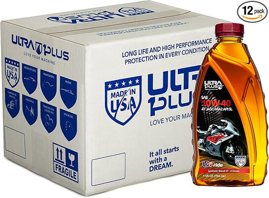 Ultra1Plus SAE 10W-40 4T Motorcycle Synthetic Blend Motor Oil API SL JASO MA2-12 Quarts Bulk Box