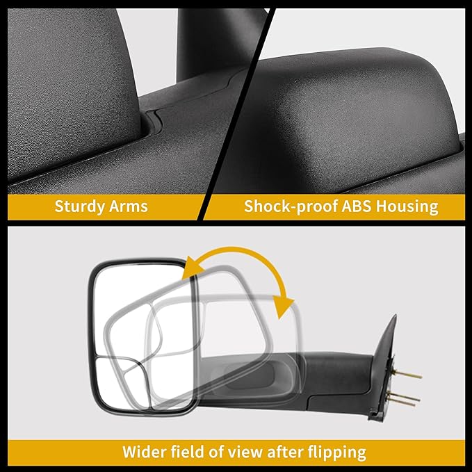 DWVO Towing Mirror fit 1994 1995 1996 1997 1998 1999 2000 2001 Dodge Ram 1500, 94-02 Dodge Ram 2500 3500, Manual Folding Flip Up Tow Mirror Pair Set