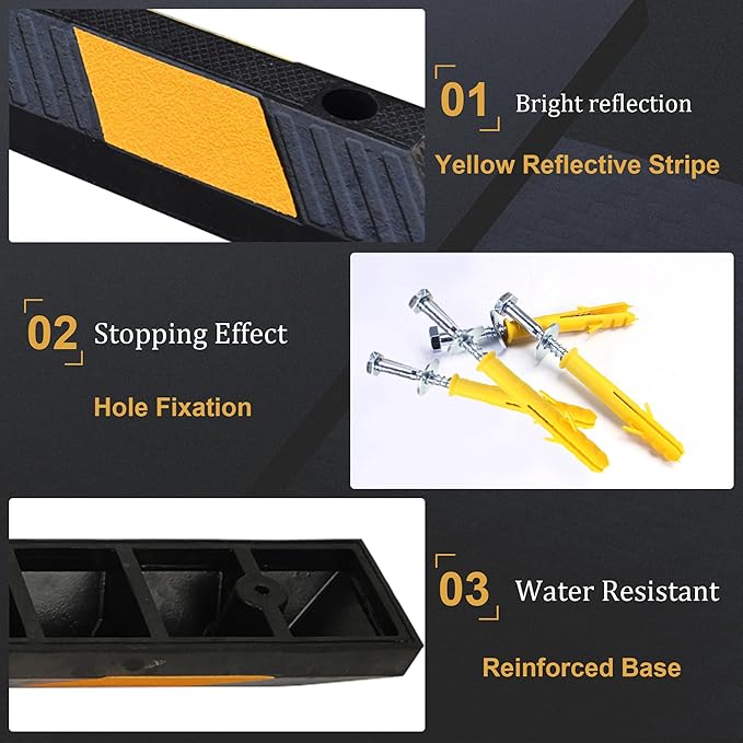 OrangeStar 72" Rubber Parking Curb, Heavy Duty Garage Floor Wheel Stopper w/Yellow Reflective Stripe for Car, Truck, Trailer