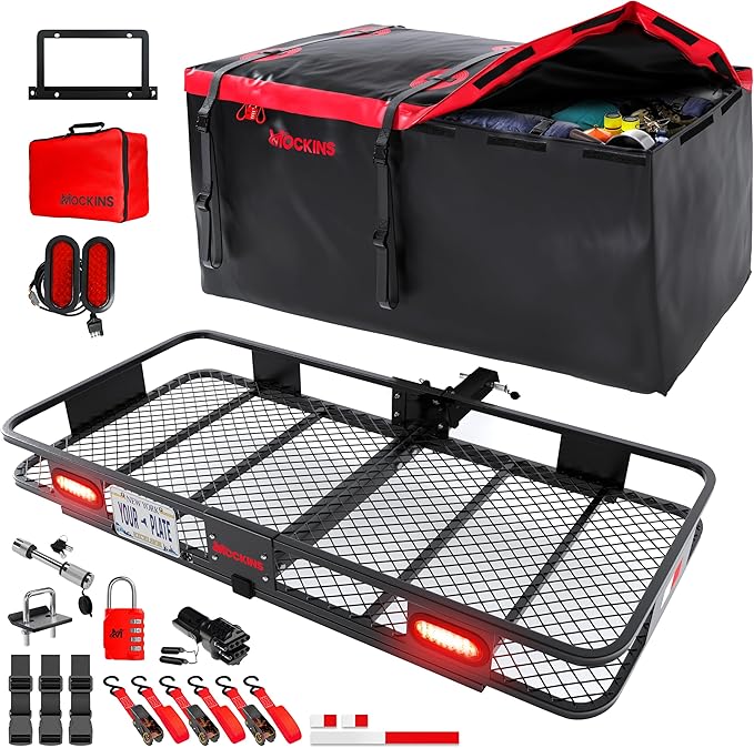Mockins XXL 70"x30"x6" Folding Trailer Hitch Cargo Carrier w/Rear Lights, License Plate Bracket & 40 Cu Ft Waterproof Cargo Bag for Hitch Carrier | 500 Lbs Cap Car Trailer Basket Set w/Accessories