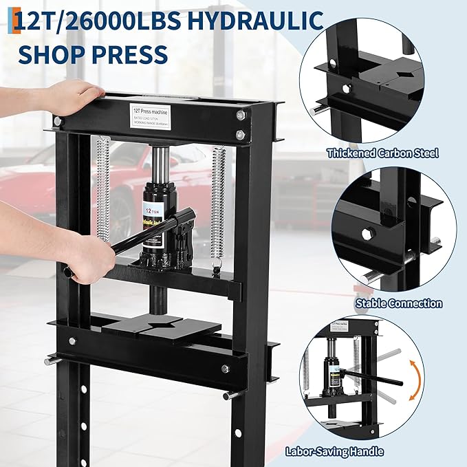 12 Ton H Frame Hydraulic Shop Press,Heavy Duty Garage Floor Press with Adjustable Height Stamping Plates,Built in Relief Valve for Bending Straightening Bearings u Joints Car Repair Professional Use