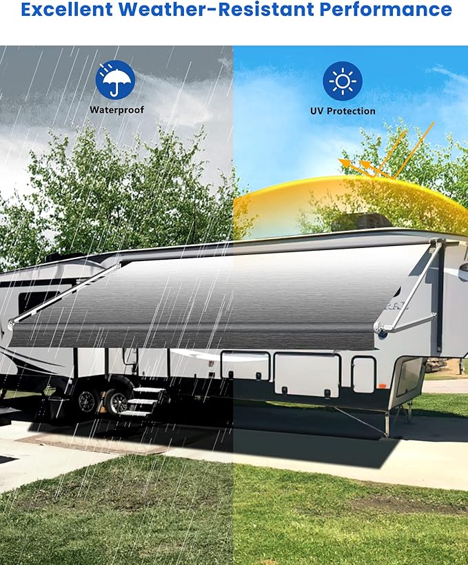 RV Awning Fabric Replacement, 18.5oz Heavy-Duty Weatherproof Vinyl Camper Awning Replacement Universal Outdoor Canopy for RV, Motorhome, Trailer Awnings (Black Fade, 14'(Fabric 13'2"))