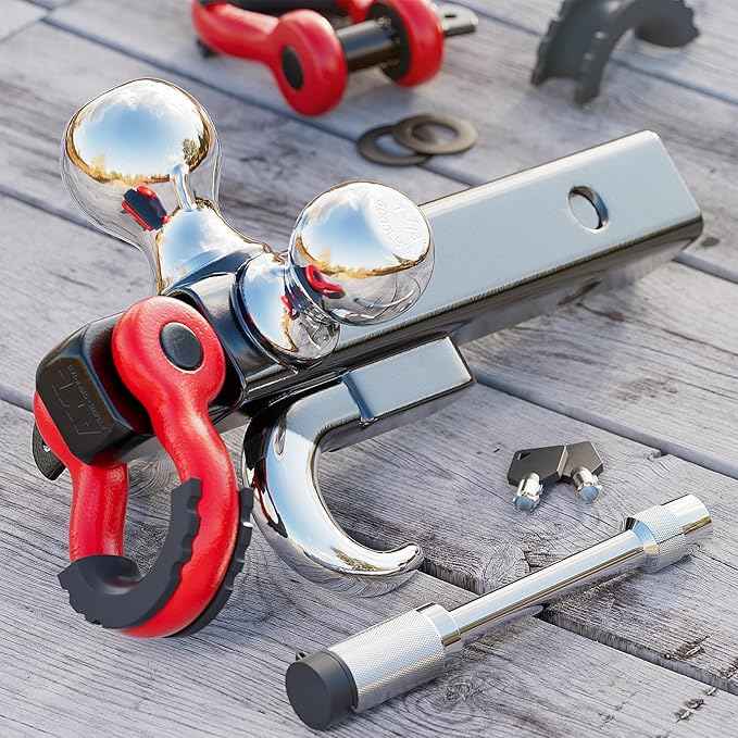Ayleid Trailer Hitch Tri-Ball Mount with Hook&Pin&Rotatable Tow Shackle,Fits 2-in Receiver with 1-7/8-in,2-in,2-5/16-in Hitch Ball with Anti-Theft Locking Hitch Pin