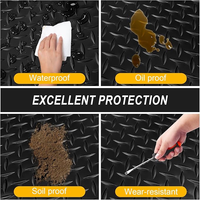 7.5x20 FT Garage Floor Mat, Flooring Roll with 20Pcs Tapes, 150 sqft Diamond Plate PVC Rubber Trailer Mat, Non-Slip Floor Mat for Garage, Warehouse, Gyms, Trailer, Pickup Truck (Black)