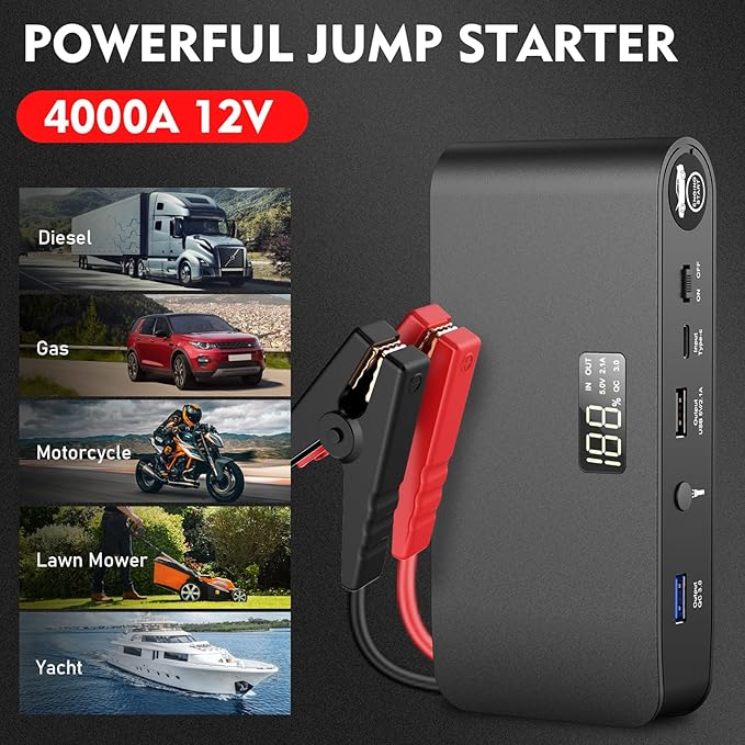 BOOKOO Car Battery Jump Starter 4000A,16000mAh Portable Battery Jumper Cables for Car 8L Gas | 7L Diesel Engines,Jump Box with USB QC 3.0 | PD 18W Fast Charging,3 LED Modes with SOS for Emergency Use