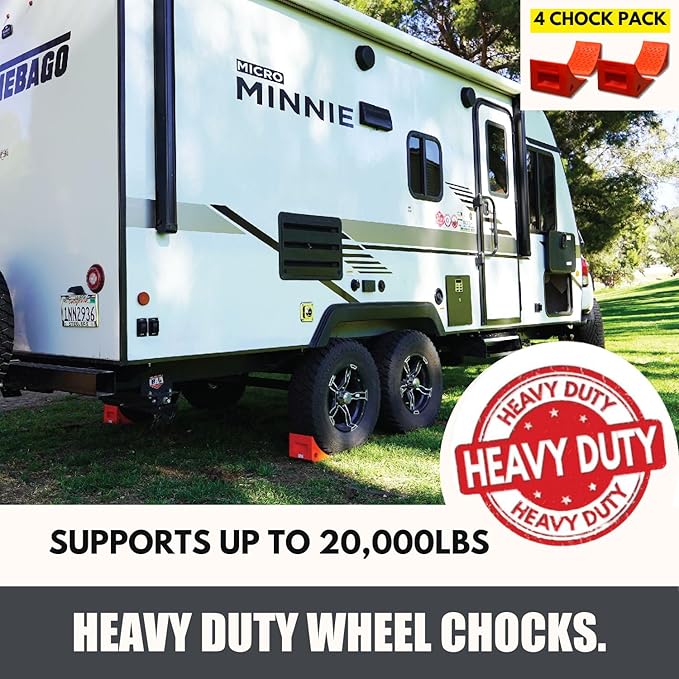 SECURITYMAN 4 Pack Wheel Chocks - Constructed of Heavy Duty Solid Polyurethane Rubber for 20,000 lbs - Great for RV, Camper, Truck, Travel Trailer Wheel Chocks - All Surfaces and All Weather - Orange