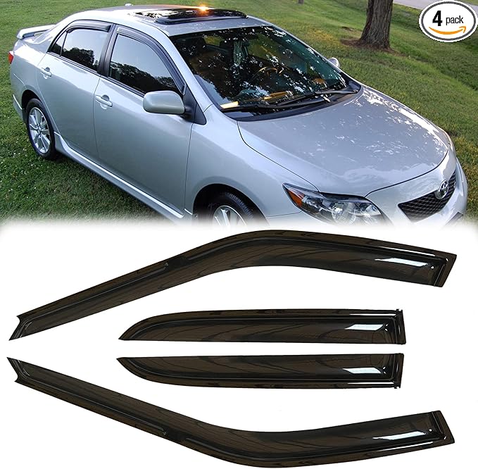 94620 Side Window Wind Deflector, 4pcs Out-Channel Tape-On Nice Rain Guards Set, Dark Smoke Window Visor fit for 2003-2008 Toyota Corolla