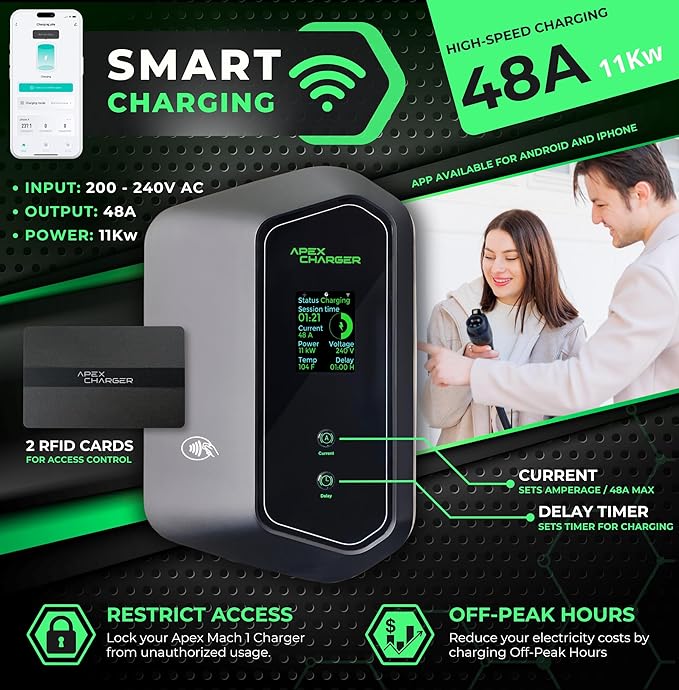 MACH 1: Fast 48 Amp Level 2 EV Charger, Hardwired Wall-Mount EVSE - Electric Vehicle Charging Station with Amp Lock, 200-240V. J1772 Connector Plus Tesla NACS Adapter. Outdoor Rated & a 30ft Cable