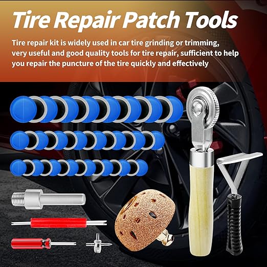 53Pcs Tire Patch Kit Heavy Duty, Tire Repair Tools 55 mm Tungsten Steel Buffing Wheel with 32mm/42mm/58mm Tire Patches, Tire Inner Liner Scraper, Tire Patch Roller for Car Motorcycle Bike Grinding