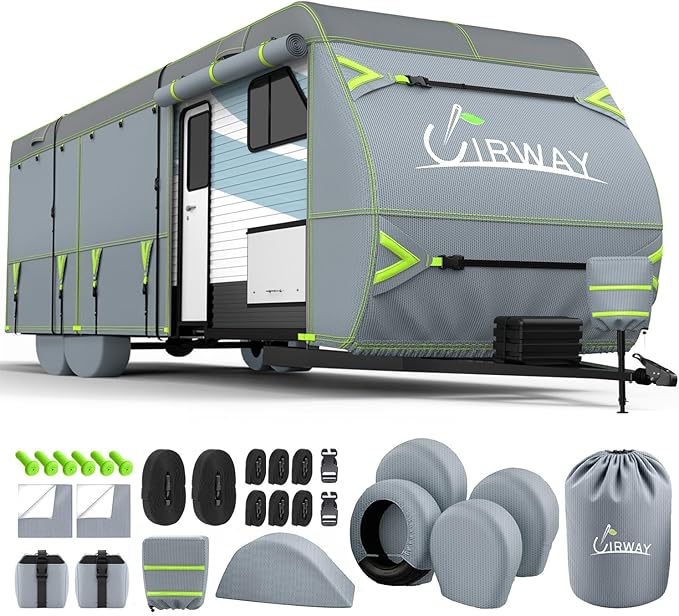 UIRWAY RV Cover 27-30ft Travel Trailer, Upgraded 7-Layers Camper Cover, Waterproof Rip-Stop Travel Trailer Cover with 4 Tire Covers, Tongue Jack Cover, Gutter Covers, Repair Patches, Windproof Straps