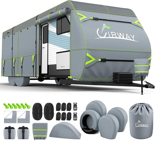 UIRWAY RV Cover 27-30ft Travel Trailer, Upgraded 7-Layers Camper Cover, Waterproof Rip-Stop Travel Trailer Cover with 4 Tire Covers, Tongue Jack Cover, Gutter Covers, Repair Patches, Windproof Straps