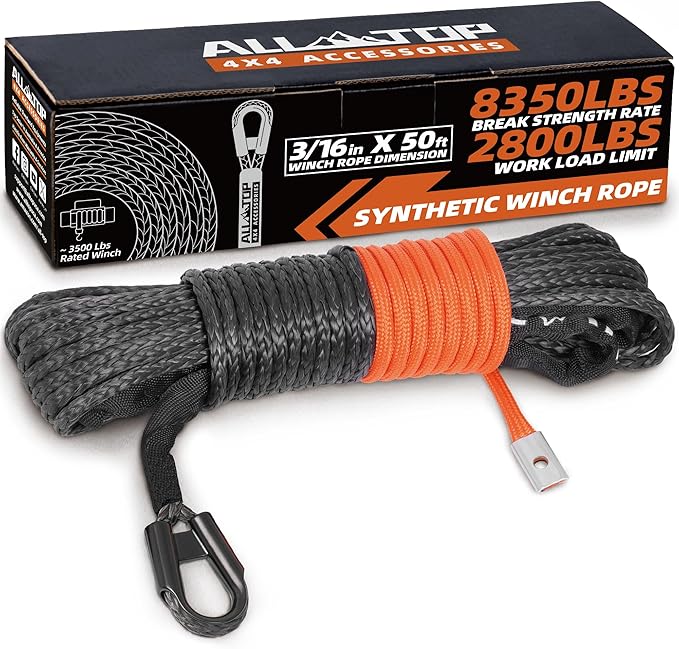 ALL-TOP Synthetic Winch Rope Cable, 3/16" x50ft, 8350LBS Winch Replace Line with Protective Sleeve for Offroad Vehicle ATV UTV