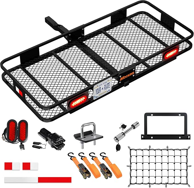 Mockins 60"x20"x6" Heavy Duty Trailer Hitch Cargo Carrier w/License Plate Holder, Rear Lights, & More | 500 Lbs Cap Cargo Carrier Hitch Mount Basket | Folding Luggage Rack for SUV, Car, Truck, & RV