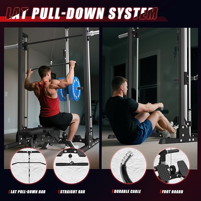Compact Smith Machine Home Gym - 800lb Barbell Sleeve, Space-Saving Power Cage with LAT Pulldown, Power Rack 5-in-1, 1500lb Capacity for Garage & Small Spaces, P70