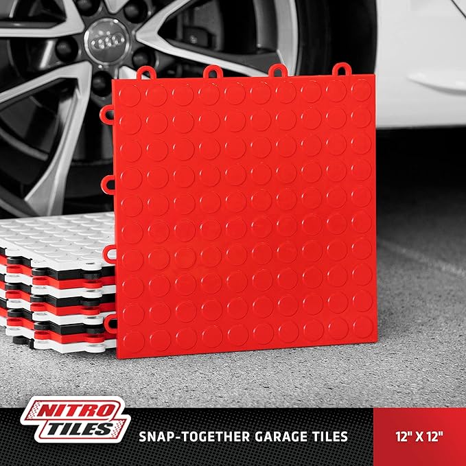 FlooringInc's Nitro 12"x12" Snap-Together Garage Flooring Tiles, Non-Slip Interlocking Plastic Floor Mat, Coin Pattern, Victory Red, 1 Tile, 1 Sq/Ft