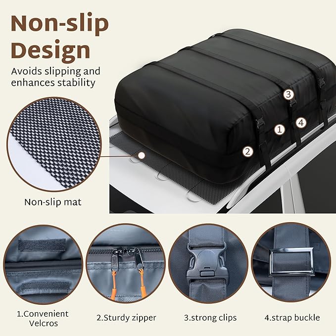 iBirdie Roof Rack Cargo Carrier 15.3 Cubic Feet, Soft-Shell Rooftop Cargo Box, Waterproof Heavy Duty 1200D for Car with/Without Roof Rack, Includes Anti-Slip Mat, Door Hooks, 46x34x17 inches
