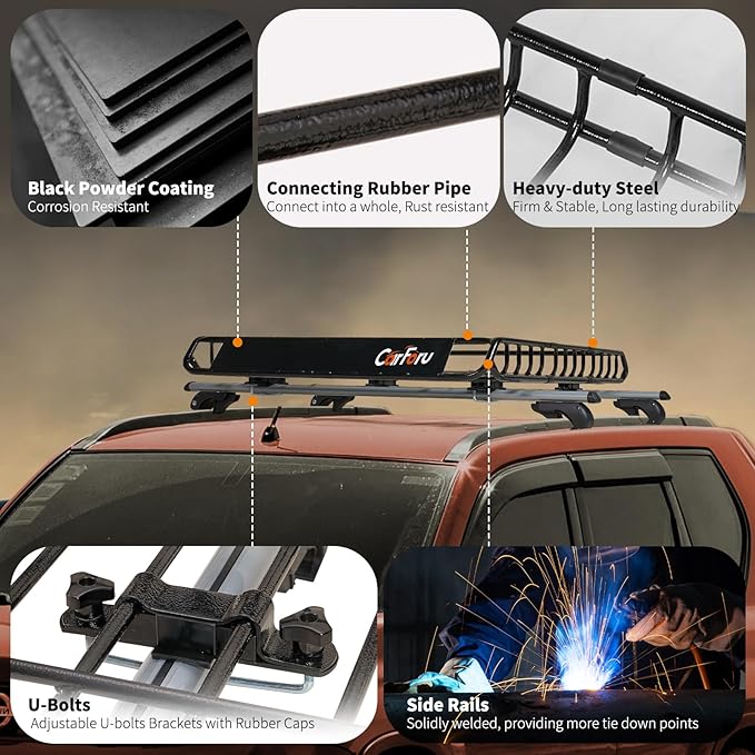 Roof Rack Basket 51″ X 36″ X 5″ Universal Rooftop Cargo Basket, 250LB Heavy Duty Cargo Basket Car Roof Basket for SUV, Truck, Cargo Net with Attachment Hooks, 2pcs Ratchet Straps