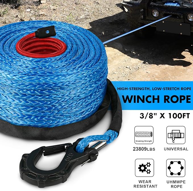 Synthetic Winch Rope, 3/8" x100ft 23809LBS Dyneema Winch Rope 3/8 Heavy Duty Winch Cable with Protective Sleeve Forged Winch Hook for 4WD Off Road Vehicle Truck SUV (Blue)