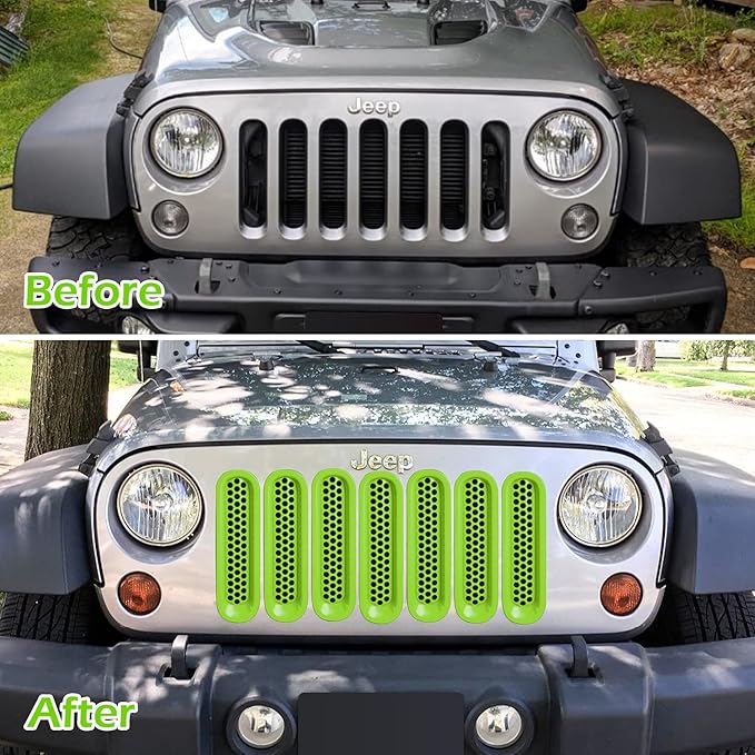 7PCS Front Grill Mesh Inserts for Jeep Wrangler JK JKU Unlimited 2007 2008 2009 2010 2011 2012 2013 2014 2015 2016 2017 2018 Grille Guard Cover Trim Clip-in Exterior Accessories (Matte Green)