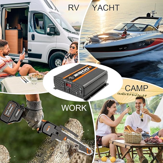2500 Watt car Power Inverter 12V to 110V /120V, 2000+ watt invertor for RV semi Trucks Vehicles 12V to 110V Converter with 3 AC outles and LCD Screen - 2500W