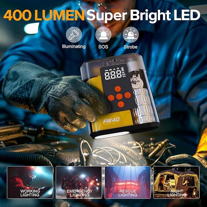 Jump Starter with Air Compressor, 4000A Peak Car Battery Charger, 200 PSI Tire Inflator, Heavy Duty Power Pack for Up to 9.0L Gas, 8.0L Diesel Engines, LED Light, USB Ports, Emergency Road Kit