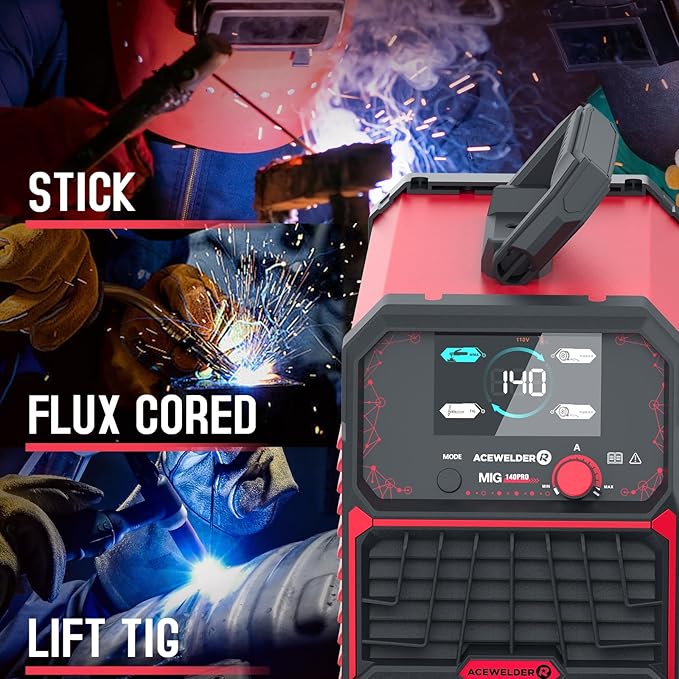 140A MIG Welder, 3 in 1 Flux Core, MIG/LIFT TIG/Stick Welding Machine 110V Portable IGBT Inverter Synergic Control, LED Display with Welding Helmet