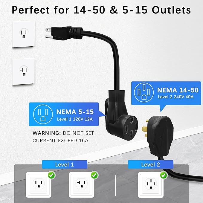 Portable Level 1&2 EV Charger, 40 A, 110V-240V, NEMA14-50 Plugand NEMA 5-15 Adapter, 25ft Cable, Adjustable Current, Delay Timer, Compatible with All J1772 Electric Cars(Tesla Need Adapter)