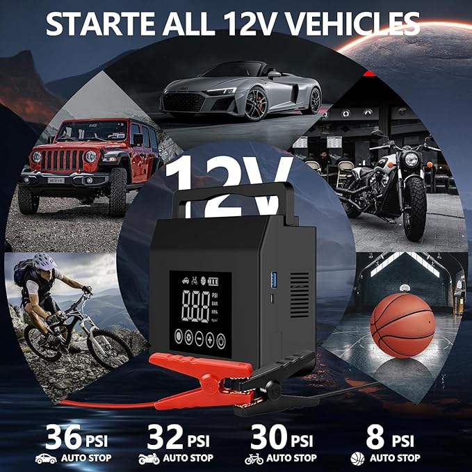 Jump Starter with Air Compressor, 4000A Car Battery Jump Starter(ALL Gas/8.0L Diesel) with 150PSI Tire Inflator 12V Car Battery Jump Power, 15000mAh PowerBank With LED Light, with Type-C Quick Charge.