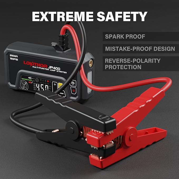 LOKITHOR JP400 Jump Starter with Air Compressor, 2500A 12V Battery Jumper Starter Portable (8.5L Gas/6.5L Diesel) with 150PSI Tire Inflator Portable Air Compressor, LED Light, ConnectMax Tech