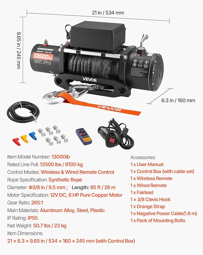 VEVOR Electric Winch, 13500 lbs Load Capacity, 12V DC Truck Winch with Φ3/8 in x 85 ft Synthetic Rope, Wireless & Wired Remote Control, IP55 Waterproof for Towing Off-Road SUV Jeep Trailer Boat
