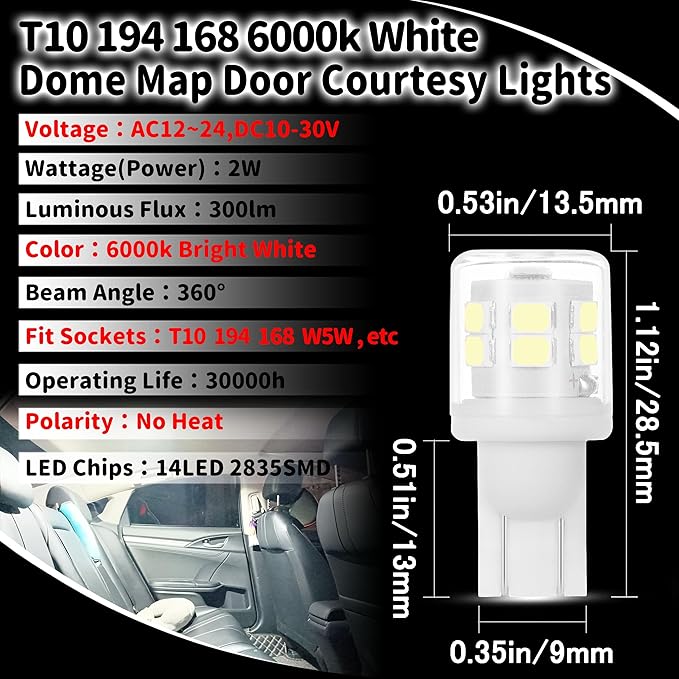 T10 194 921 922 912 906 2825 LED Bulb 6000K White 168 Replacement Bulbs for RV Tralier Interior Marine Boat Light Bulb Navigation Car Interior Dome Map Door Courtesy License Plate Lights (4pack)