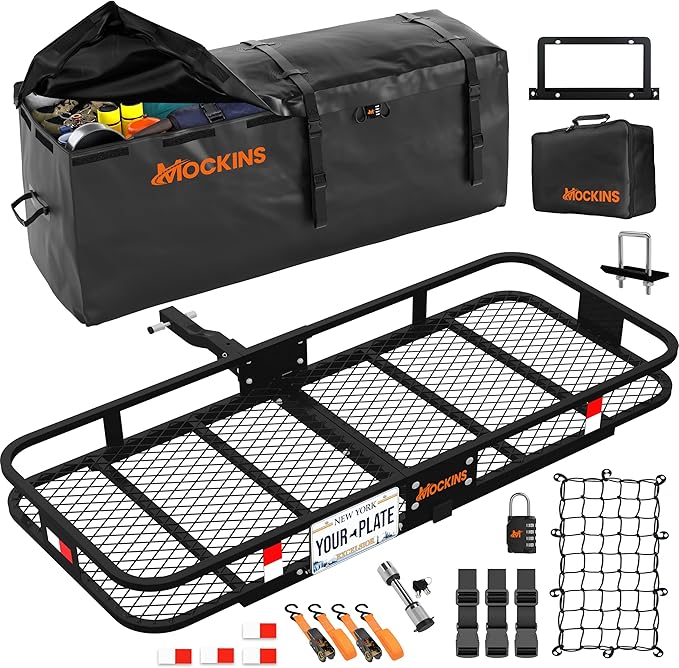 Mockins 60"x20"x6" Heavy Duty Trailer Hitch Cargo Carrier w/License Plate Holder & 16 Cu.Ft. Waterproof Cargo Bag for Hitch Carrier | All-Weather 500 Lbs Cap Folding Luggage Rack for SUV Car & Truck
