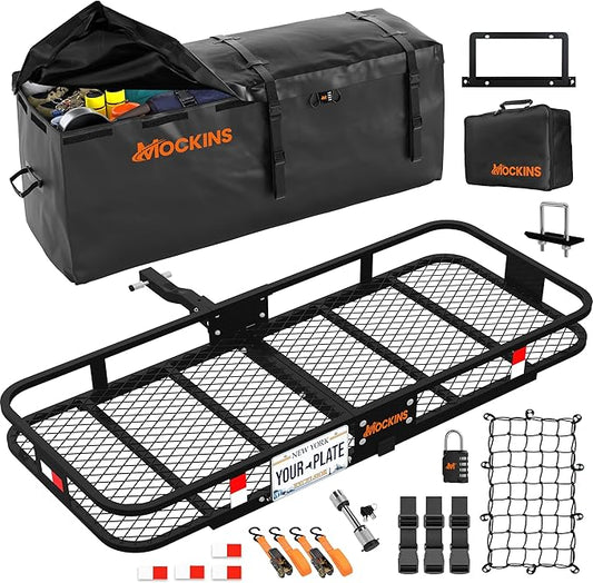 Mockins 60"x20"x6" Heavy Duty Trailer Hitch Cargo Carrier w/License Plate Holder & 16 Cu.Ft. Waterproof Cargo Bag for Hitch Carrier | All-Weather 500 Lbs Cap Folding Luggage Rack for SUV Car & Truck